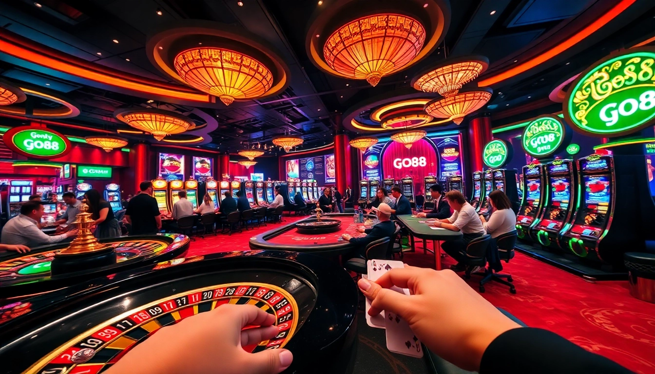 Engage in thrilling casino games at GO88 with vibrant poker tables and slot machines illuminated by bright lights.