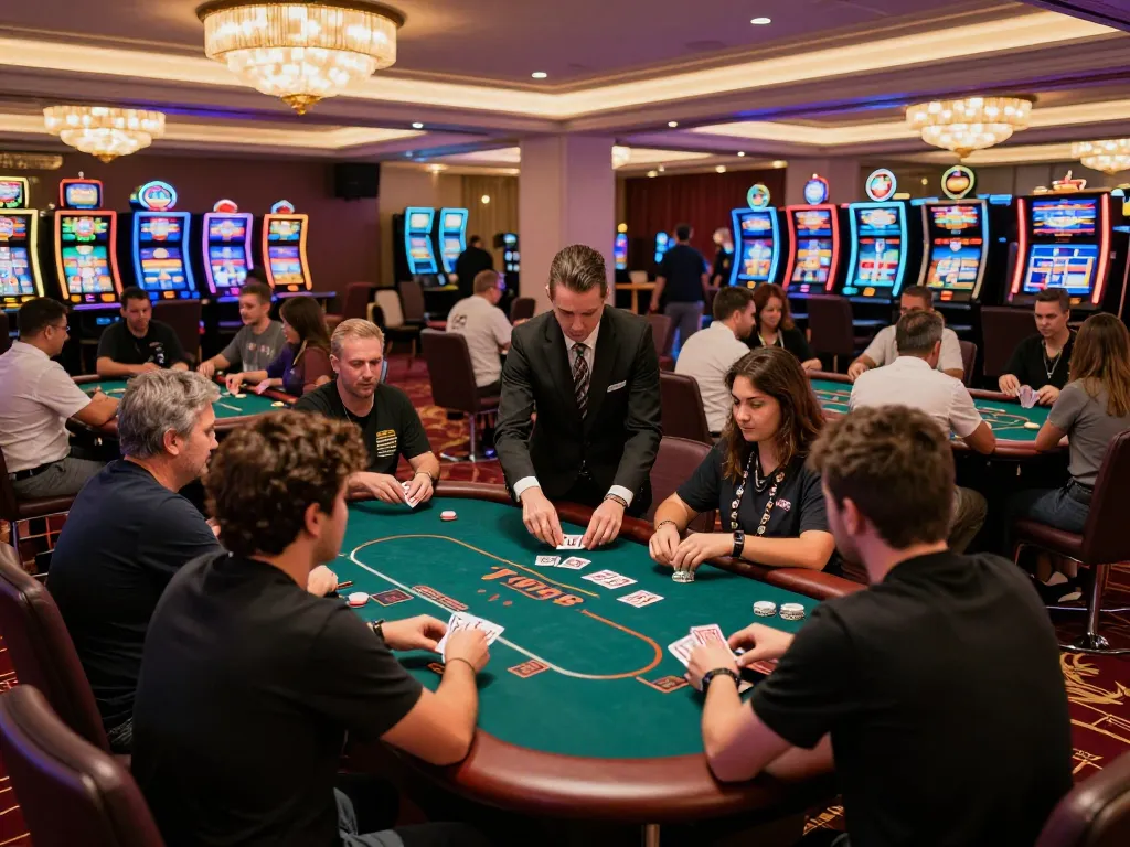 Players engaged in intense poker gameplay at 789BET casino, with dynamic atmosphere and rich decor.
