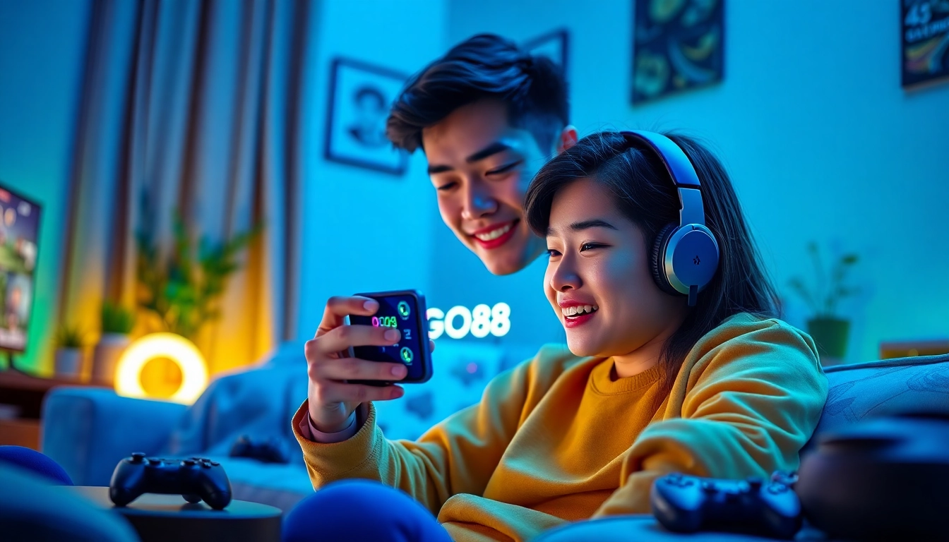 Tải GO88 app on a mobile device in a cozy gaming setup, showcasing vibrant colors and an engaging atmosphere.