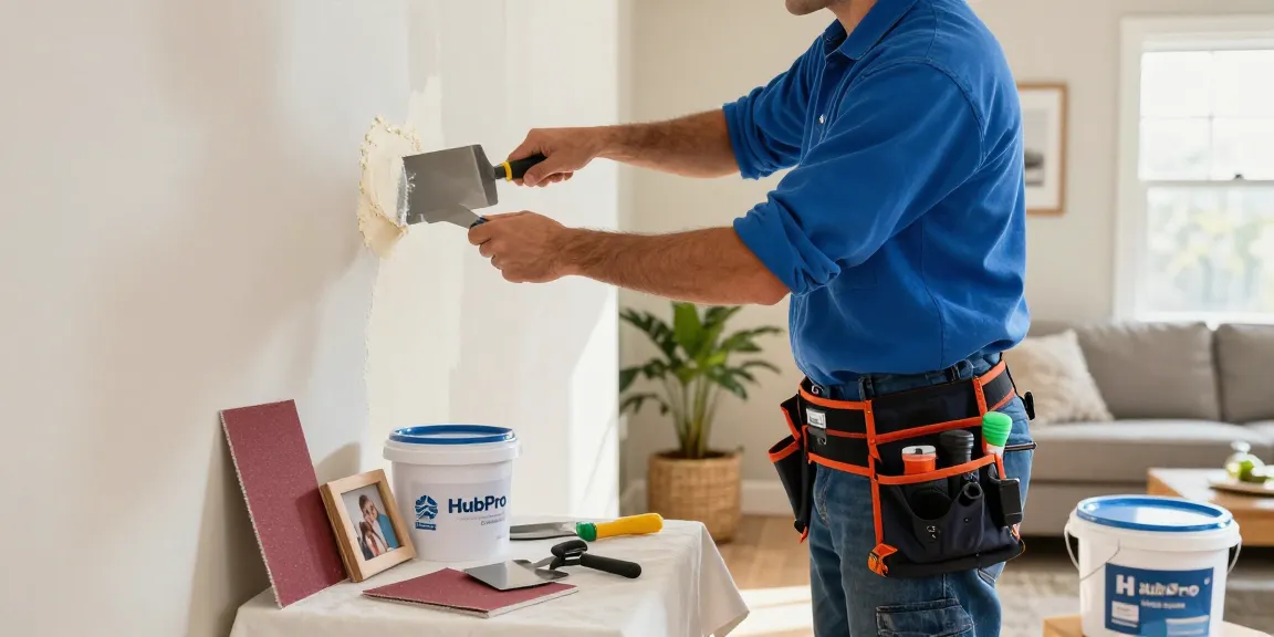 HubPro in Orange County handyman repairing drywall in a bright living room.
