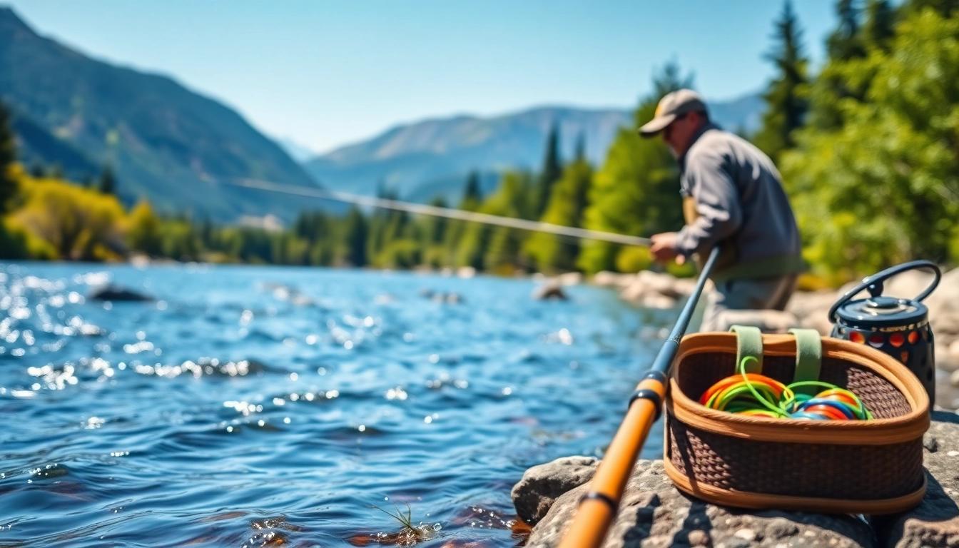Engaging scene of fly fishing for beginners with scenic mountains and clear stream.