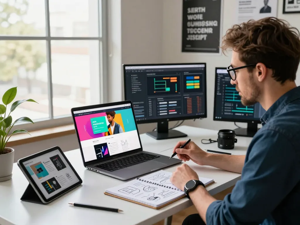 Hire web designer in a modern studio, showcasing collaborative web design process with vibrant mockups and client interaction.