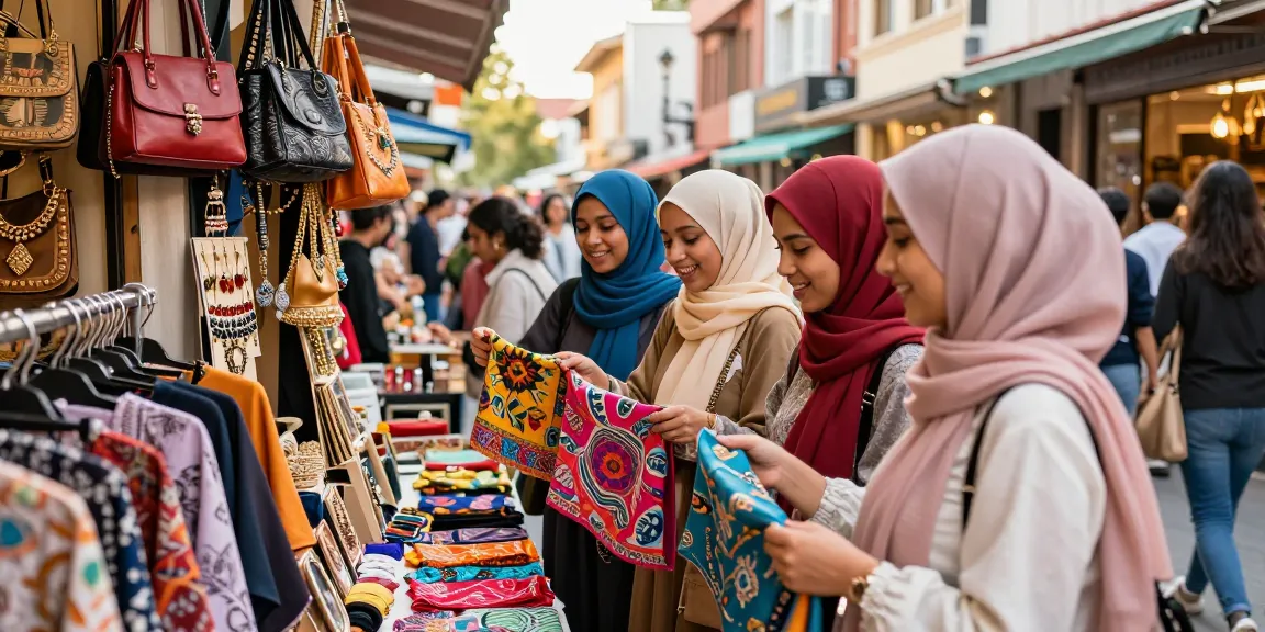 Women shopping at Hijabi store, vibrant fashion and accessories in an urban setting.