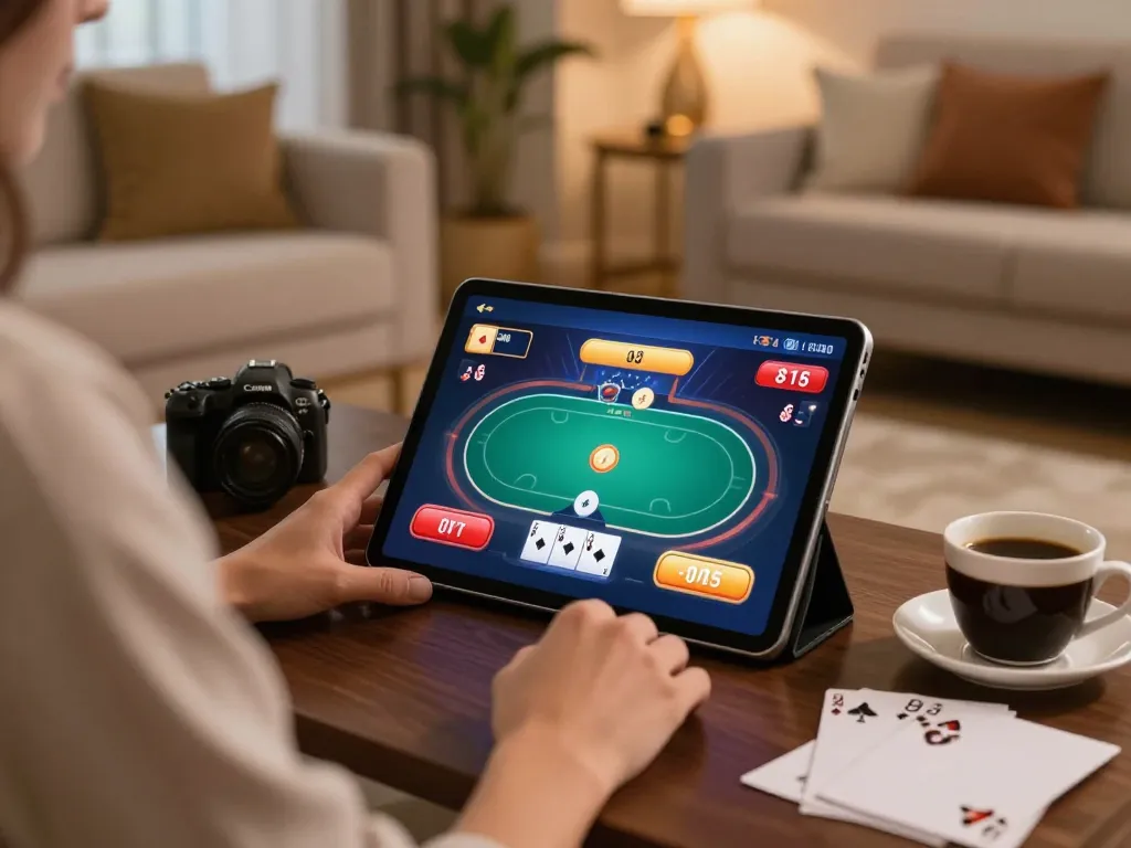 Engaging home gaming scene featuring rikvip on a tablet screen, showcasing a poker game in a cozy atmosphere.