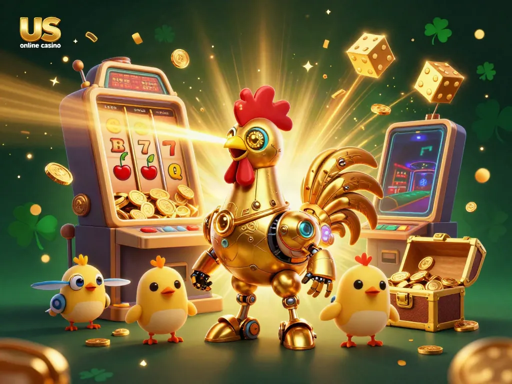 Explore the vibrant scene of a us online casino with a golden rooster robot surrounded by casino elements.