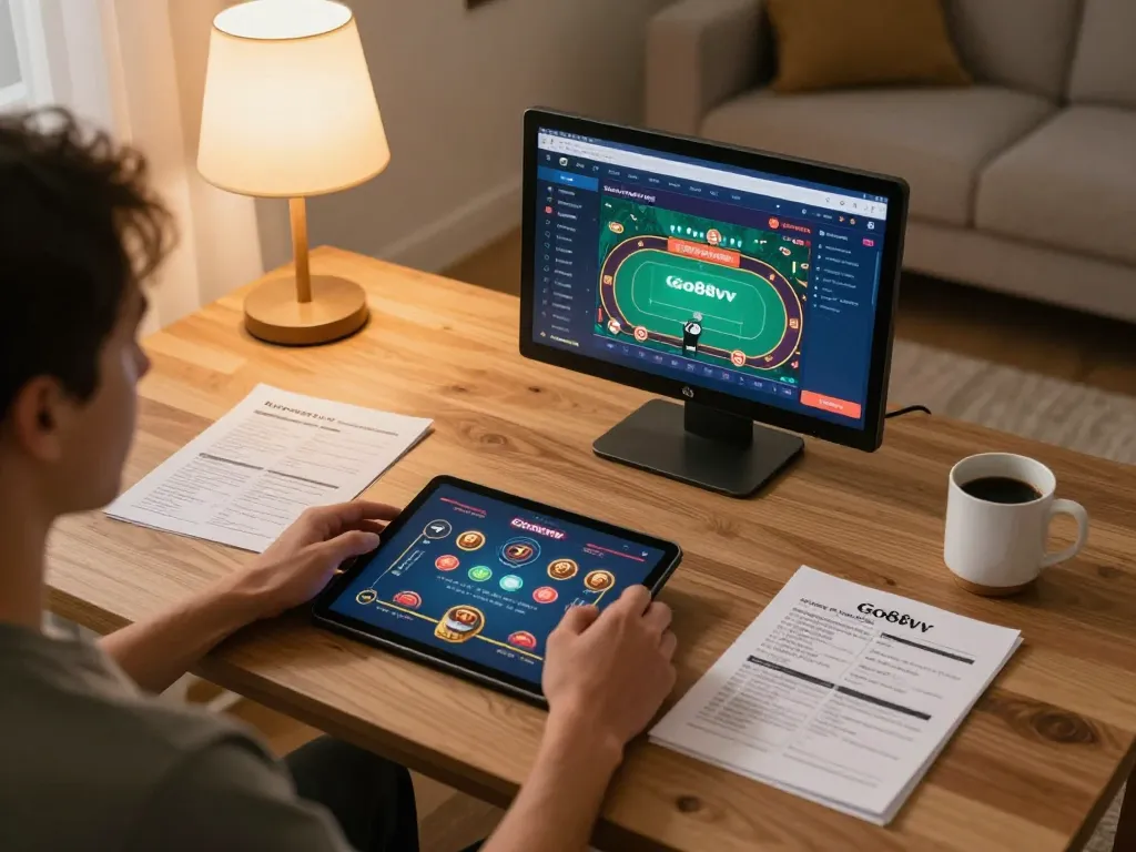 Engaging in online gambling at Go88vv with a tablet in a cozy home setting.