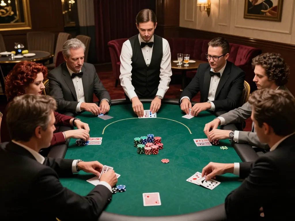 Main poker lapak303 game in an upscale private room with intense players and vibrant chips.