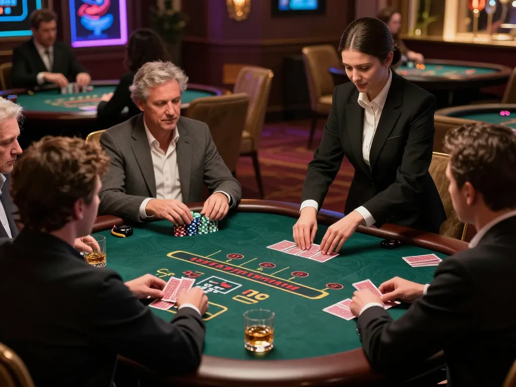 Players engaging in intense blackjack game at C168 casino, luxurious atmosphere and professional dealer visible.