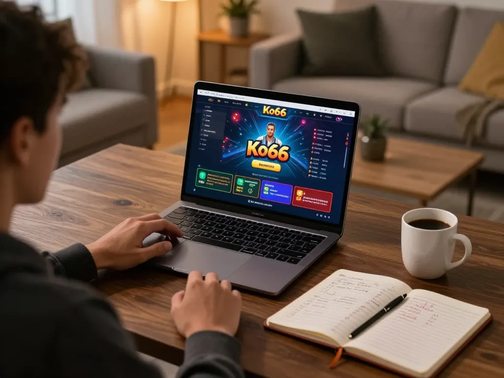 Player engaging with Nhà cái ko66 online casino interface, analyzing gameplay strategy at home
