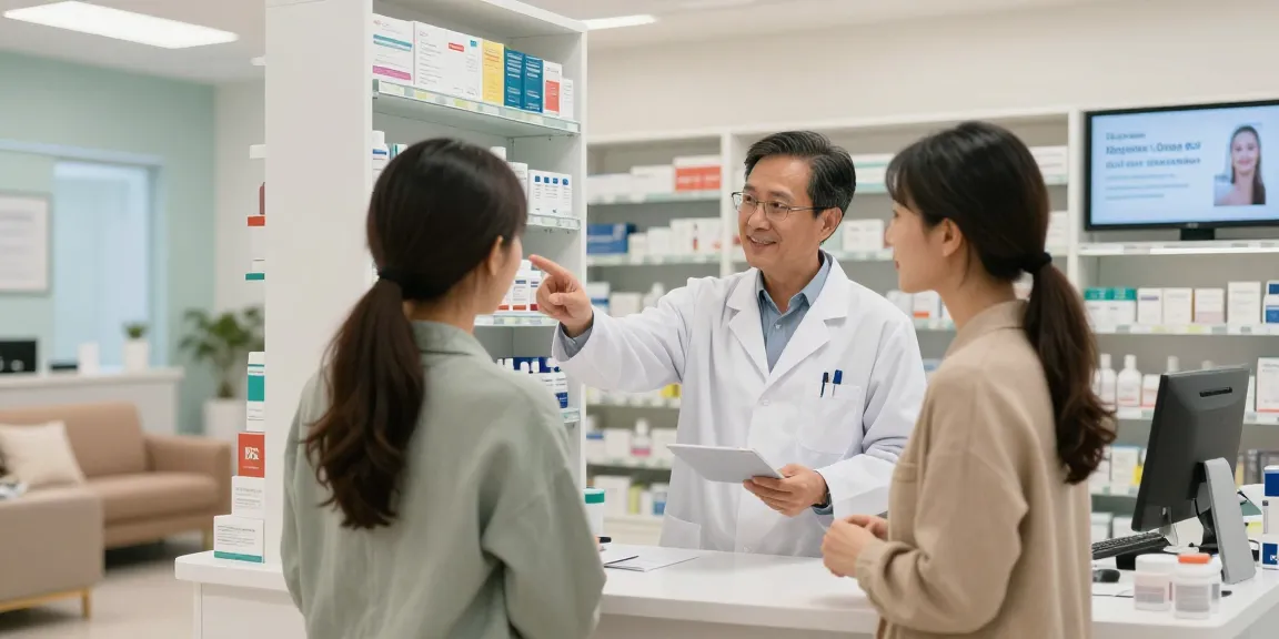 Pharmacist assisting customer with ketamine buy options in a modern pharmacy.