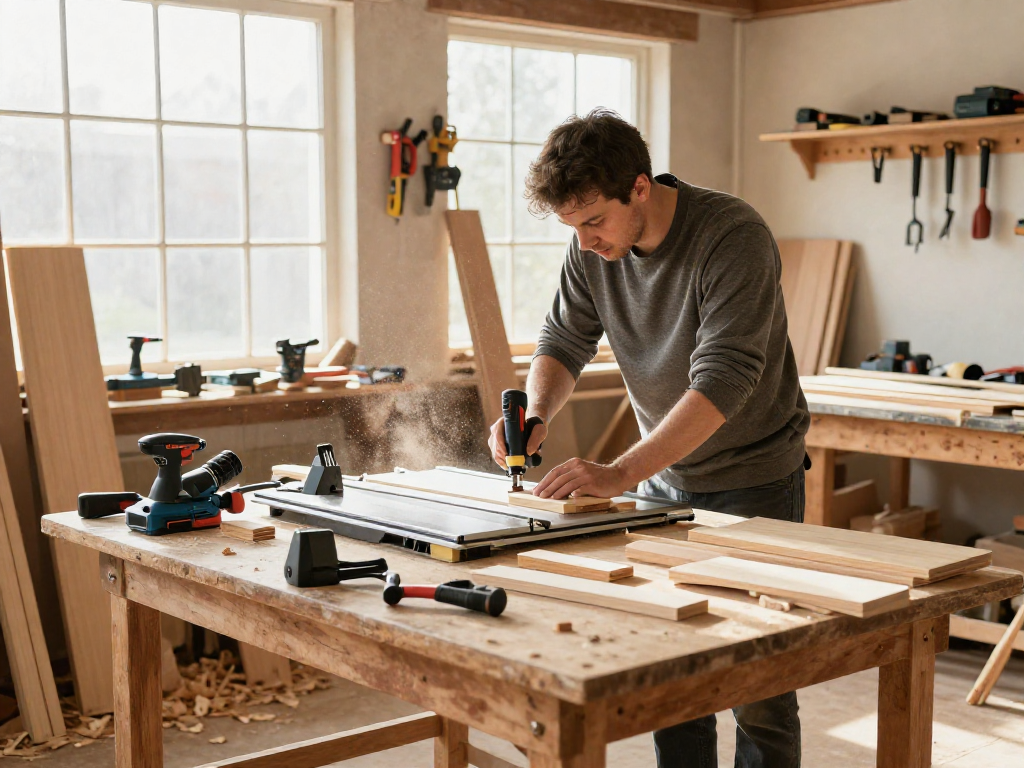 Craftsman focused on using a Festool table saw in a well-lit workshop, showcasing woodworking skills and tools.