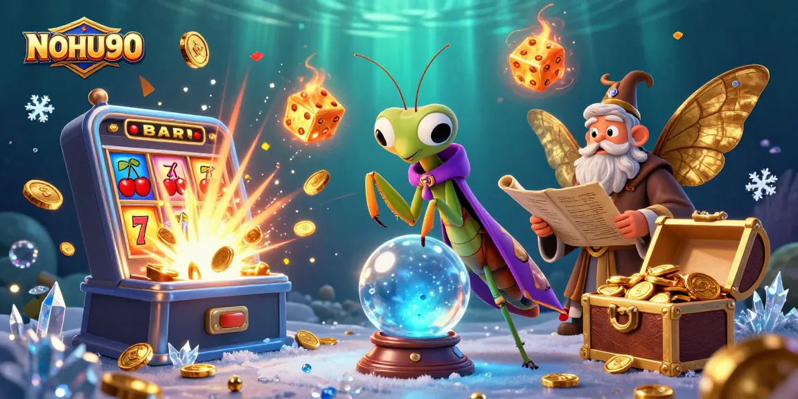 Experience the thrill of NOHU90 casino gaming with a vibrant 3D illustration of fortune tellers, slots, and excitement.