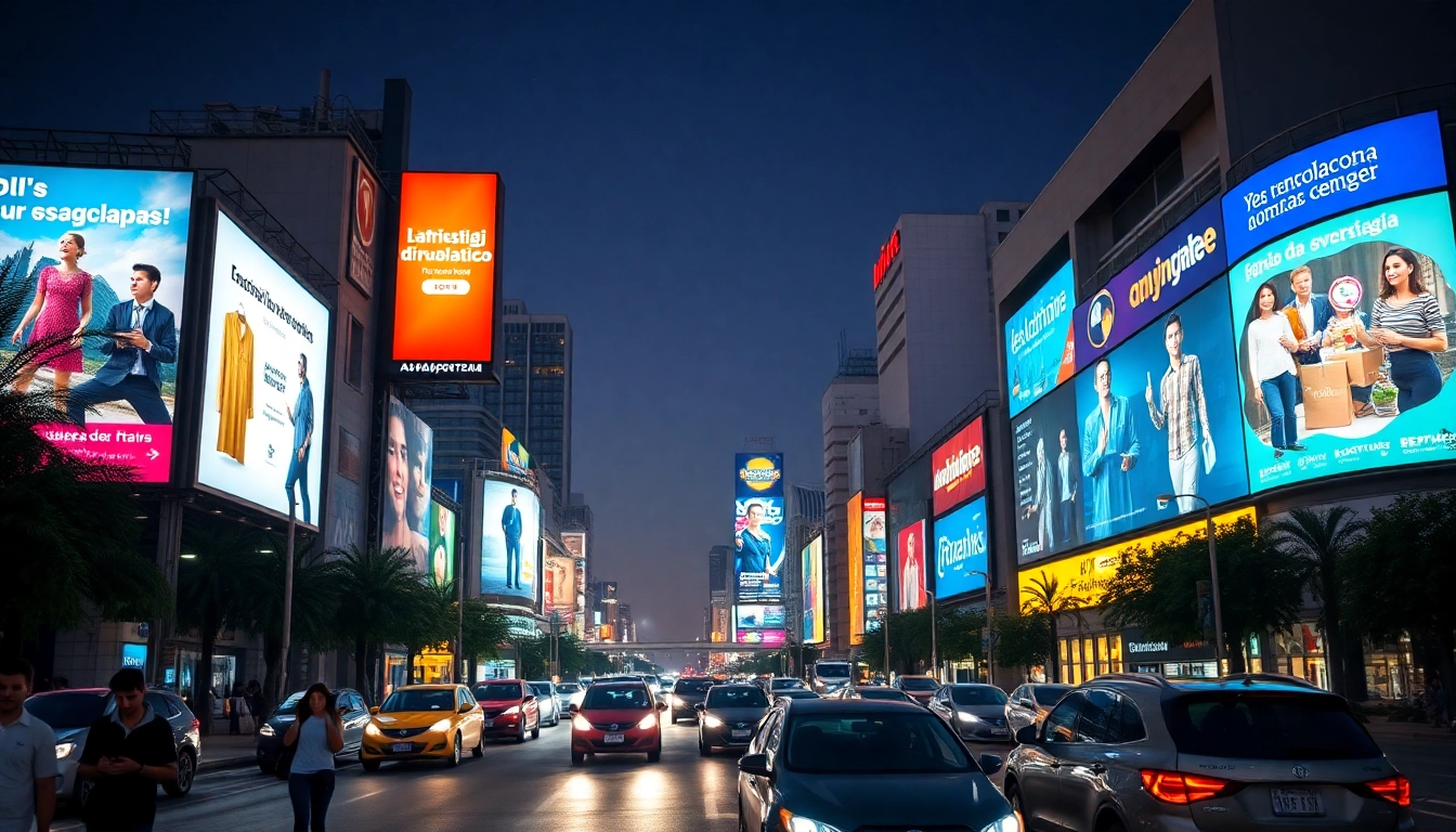 Renta de Espectaculares en Guadalajara con vibrantes carteles iluminados y una atmósfera urbana bulliciosa.