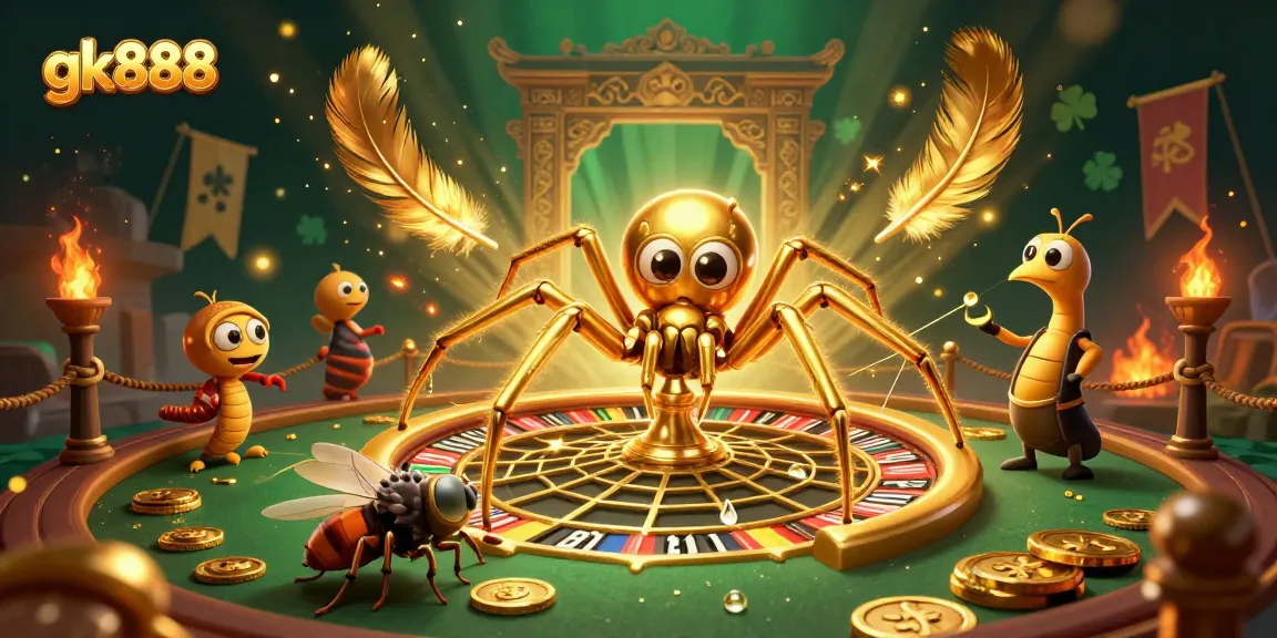 Place winning bets with gk888 at a vibrant, action-packed casino scene featuring a golden spider and a centipede croupier.