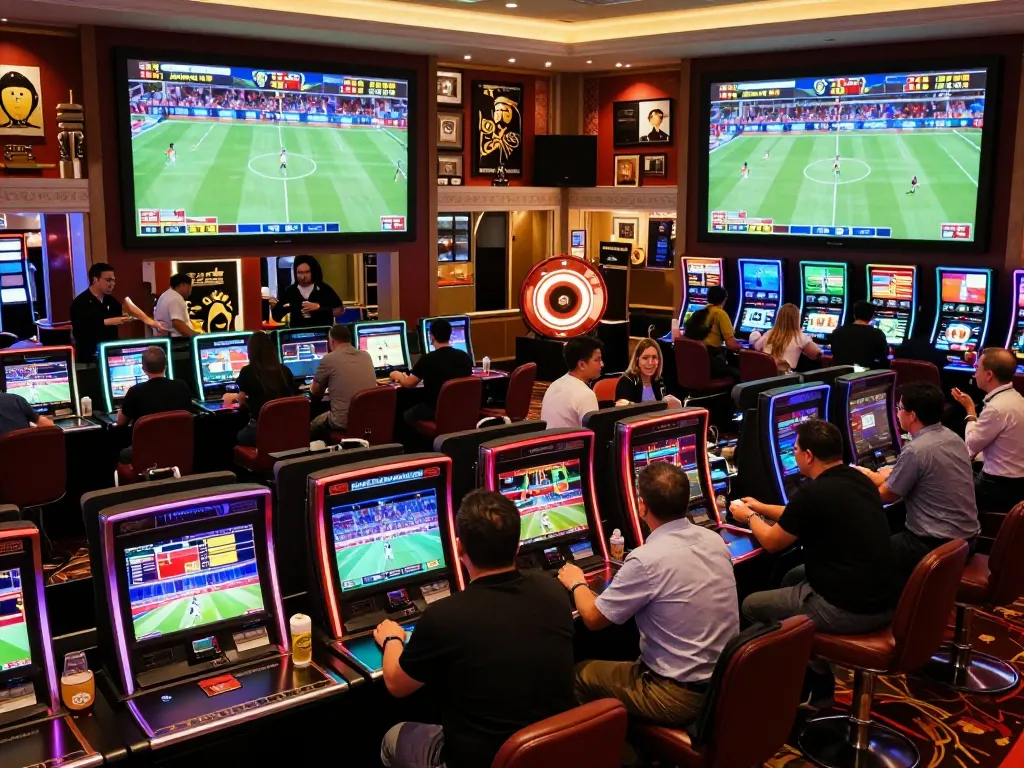 Enthusiastic bettors engaged at sports betting kiosks at Nhà cái Sky88, live match footage in the background.
