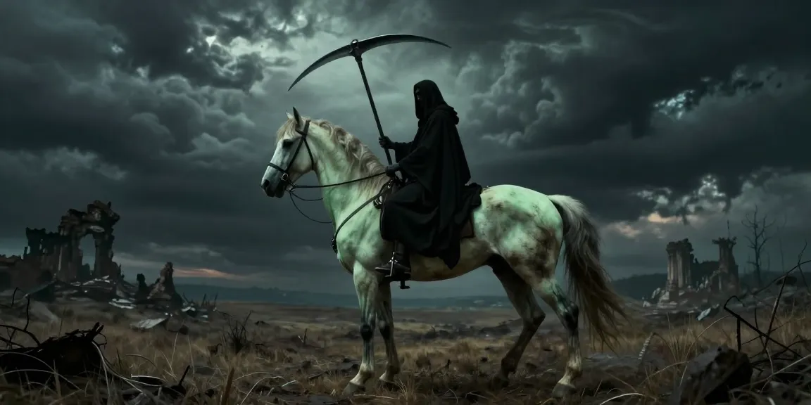The Pale Horse in Revelation French Explained: a haunting scene featuring the deathly green horse, rider with scythe, and barren landscape.