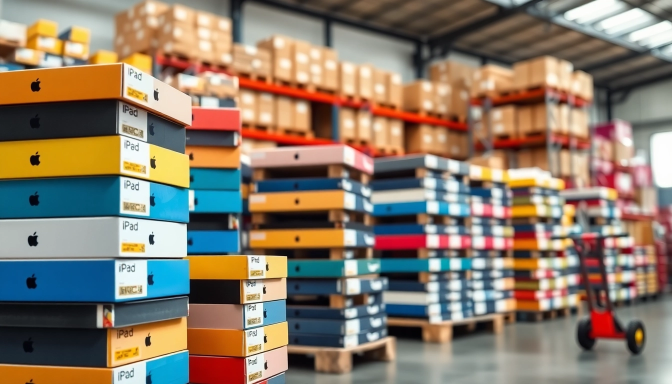 Shop iPad Pallets for Sale featuring an organized display of colorful iPad boxes.