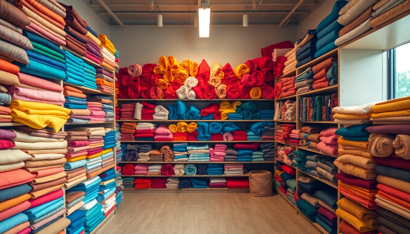 Stoffen winkel online met kleurrijke stoffen uitgestald in een uitnodigende omgeving.