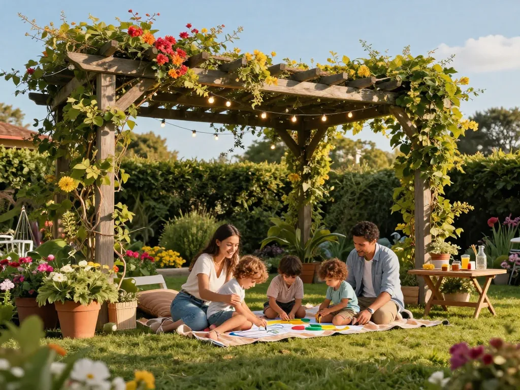 online pergola configurator showcasing a family enjoying time under a stylish outdoor pergola in a vibrant garden setting