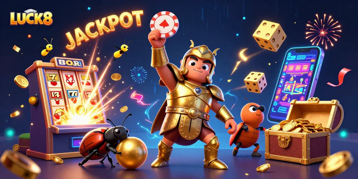 Experience the exciting LUCK8 casino adventure with a playful beetle lifting a winning poker chip.