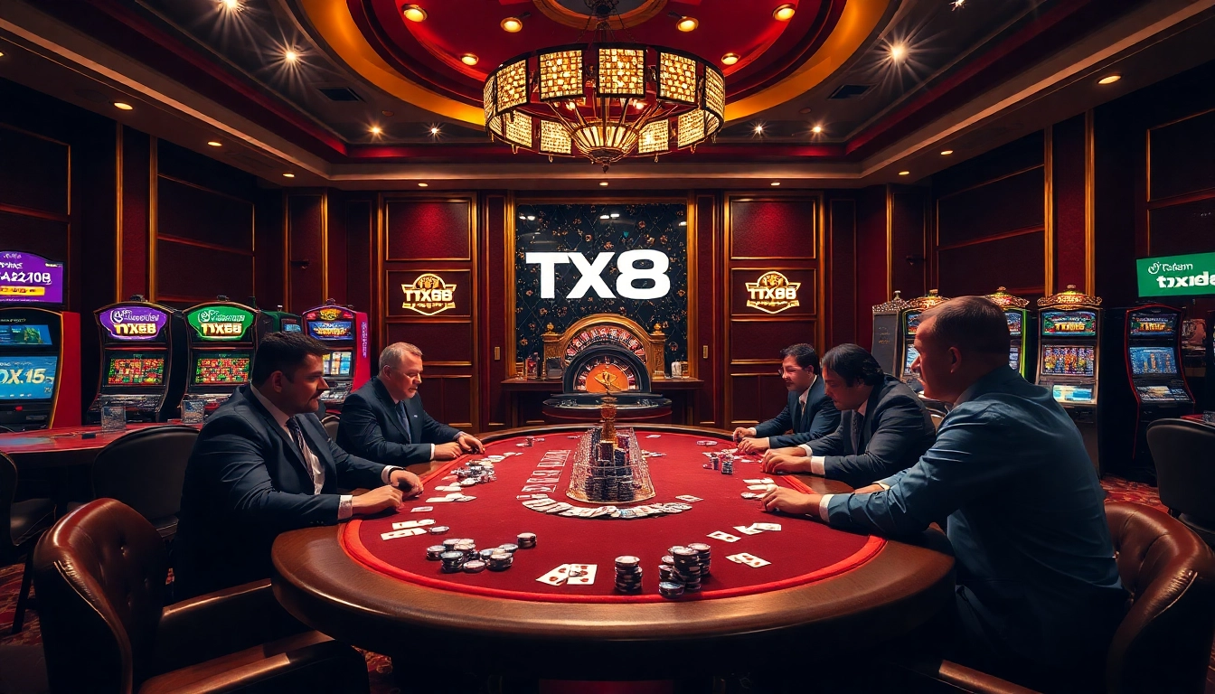 Engaging poker action at the tx88 com casino, showcasing vibrant chips, cards, and an immersive atmosphere.