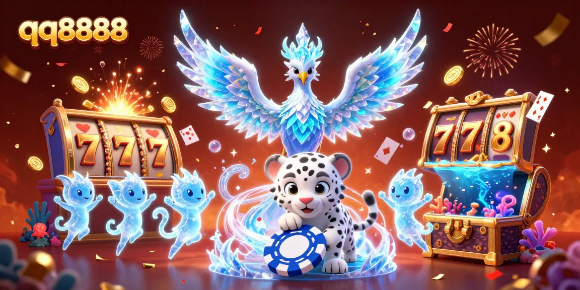 Experience thrilling gaming adventures with qq8888's vibrant casino scene featuring a magical ice phoenix.