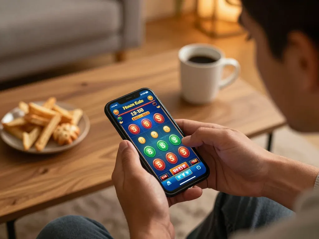 Engaging gameplay on the house edge at nhà cái sunwin on a smartphone in a cozy setting