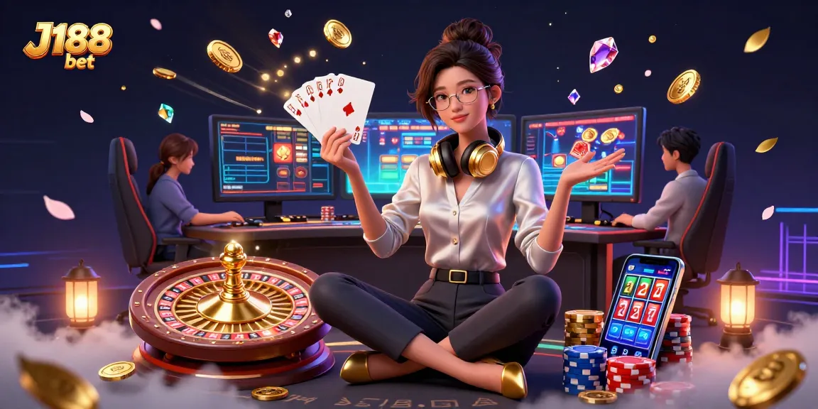 Get ready to win with J188 bet, showcasing a vibrant casino scene with golden coins and live games.