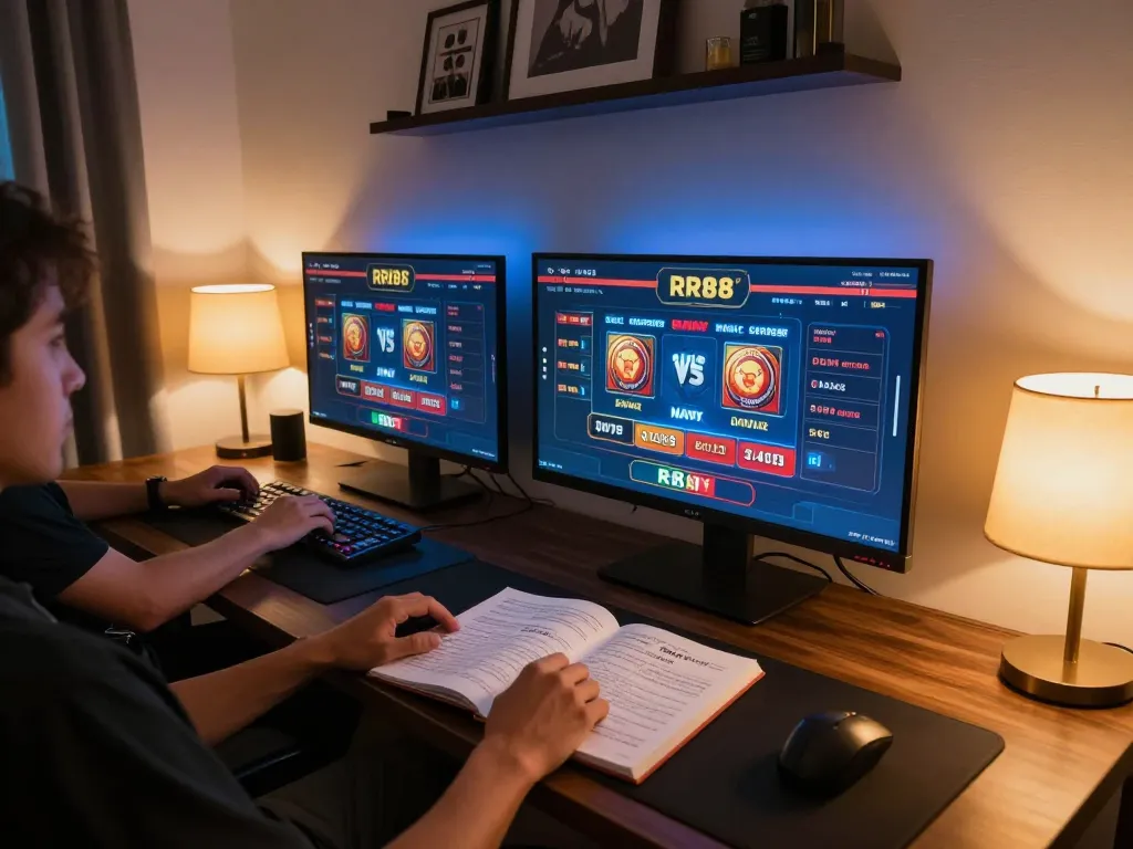 Person enjoying live casino at home on RR88 NAVY setup with warm lighting and strategic notes.