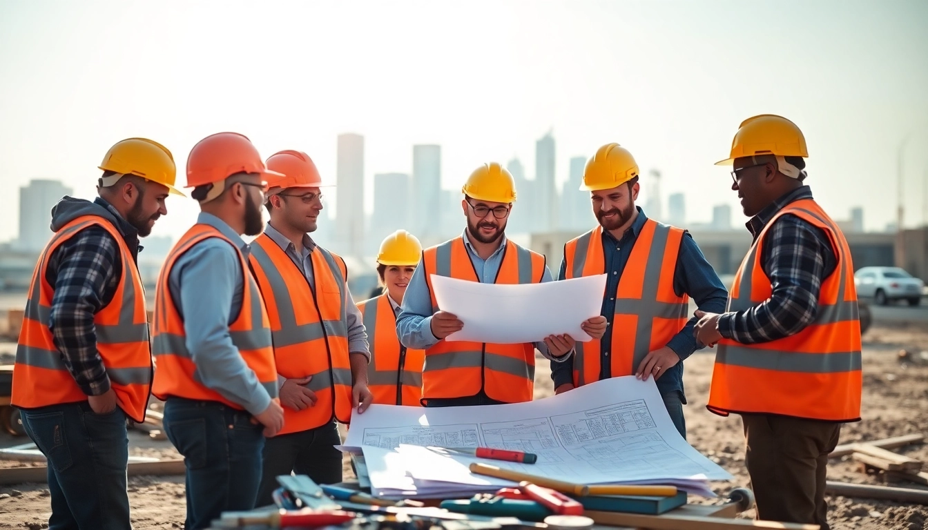 Engaging construction events with professionals reviewing plans at a job site.