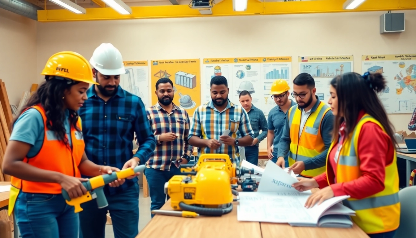 Engaged learners in construction training programs using tools in a dynamic workshop environment.