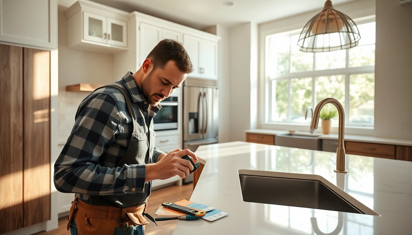 Custom home renovation contractor Austin expertly renovating a modern kitchen with stylish cabinetry.