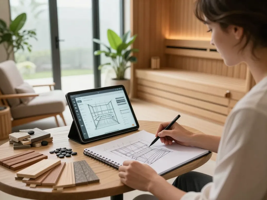 Custom sauna configurator design scene featuring a designer and client in a serene environment.