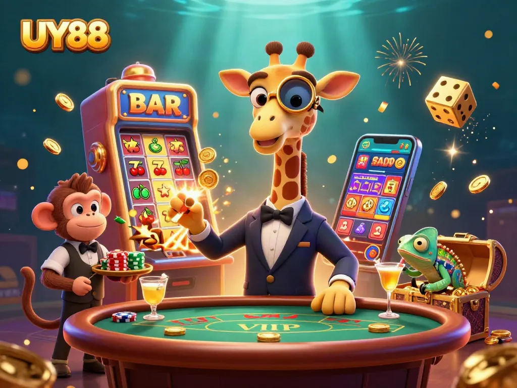 Experience the excitement of UY88 with a vibrant 3D casino scene showcasing games and jackpots.
