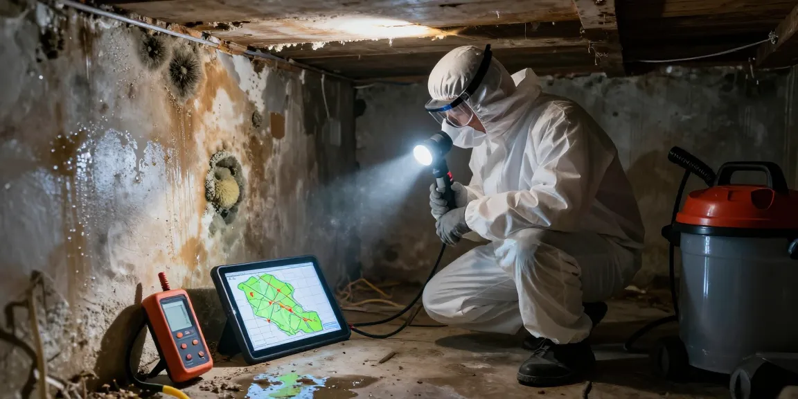 Expert technician conducting mold removal services in a basement with advanced equipment and signs of damage.