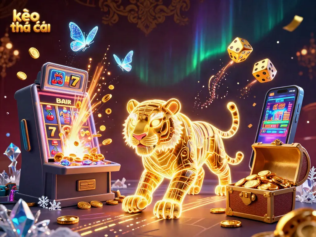 Kèo nhà cái updates the latest betting odds, showcasing a vibrant digital casino scene with golden tiger.
