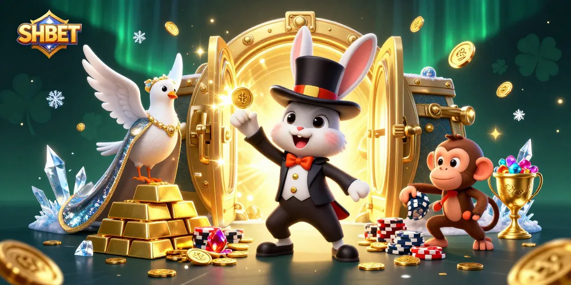 Experience thrilling wins with SHBET, featuring a magician rabbit, coins, and poker chips in a dazzling casino setting.