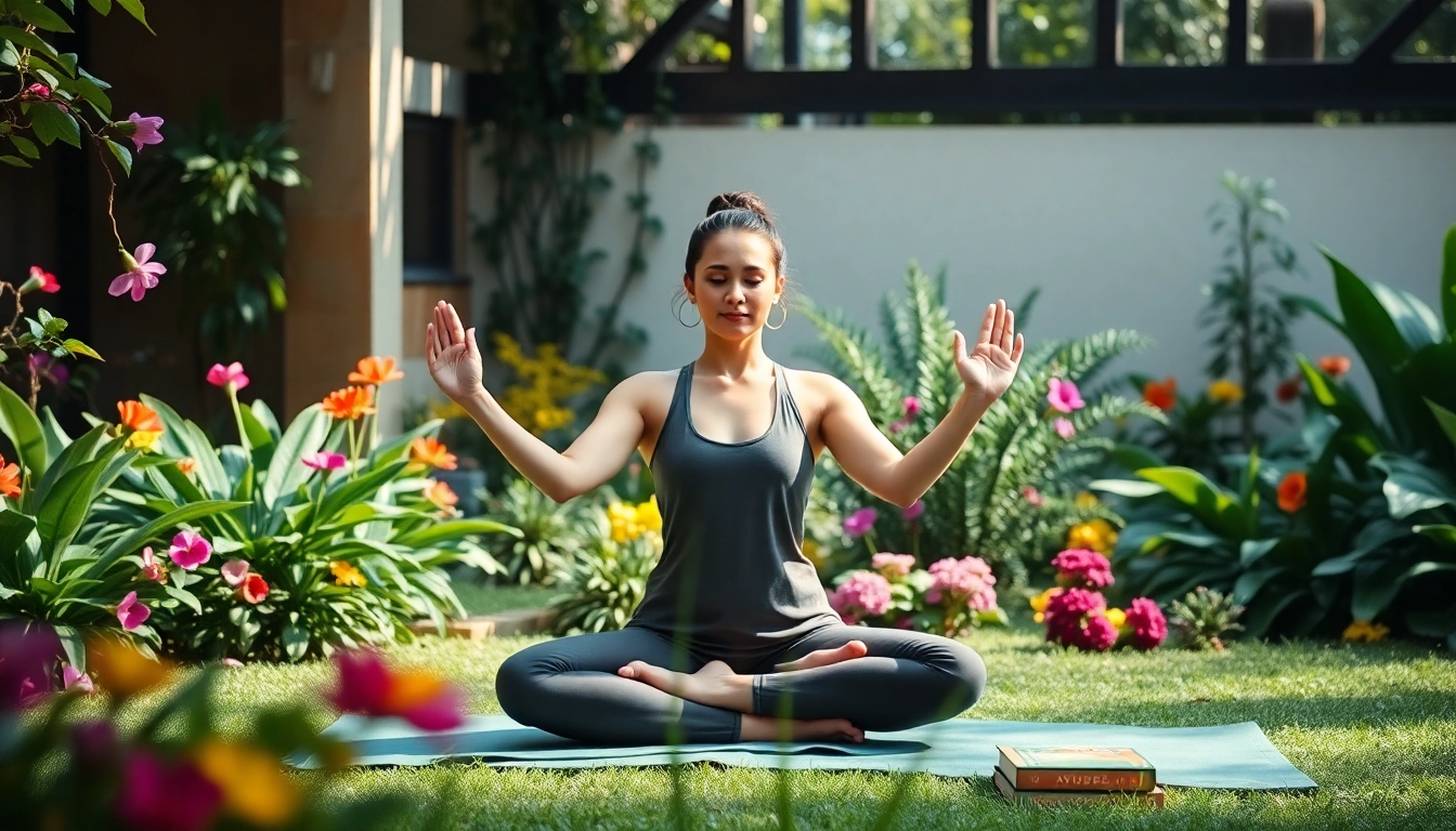 Engage with Ayurveda online courses through serene yoga practice in a tranquil garden setting.