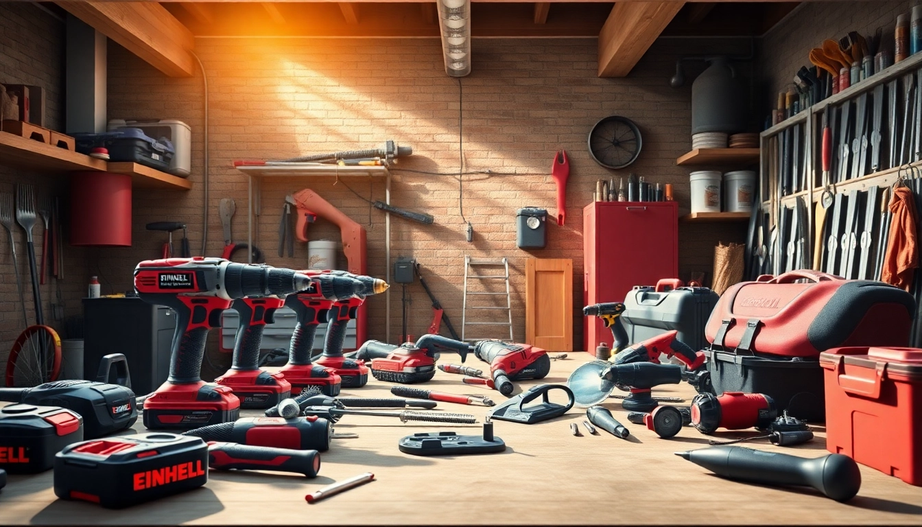 Einhell tools displayed on a workshop bench, illustrating quality craftsmanship and innovation for DIY projects.