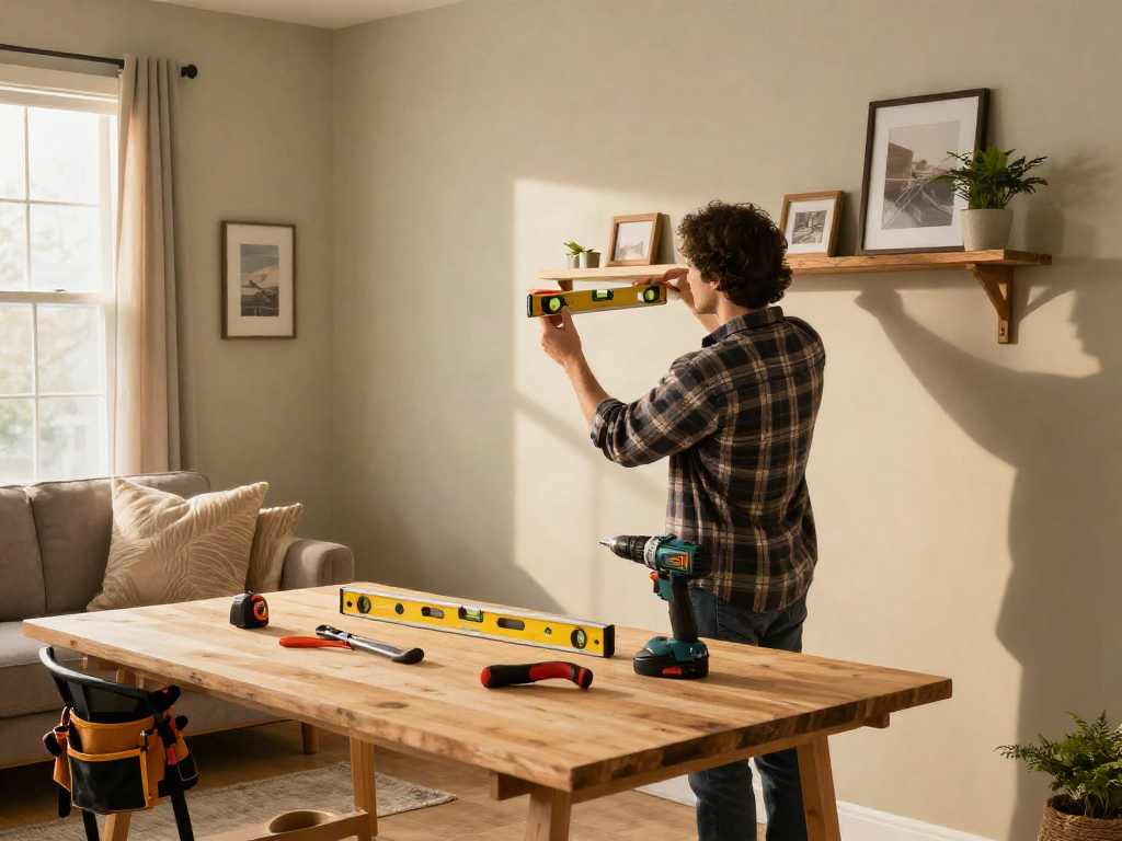 Skilled contractor providing home repair services Des Moines Iowa in a cozy living room, working on new shelf installation.