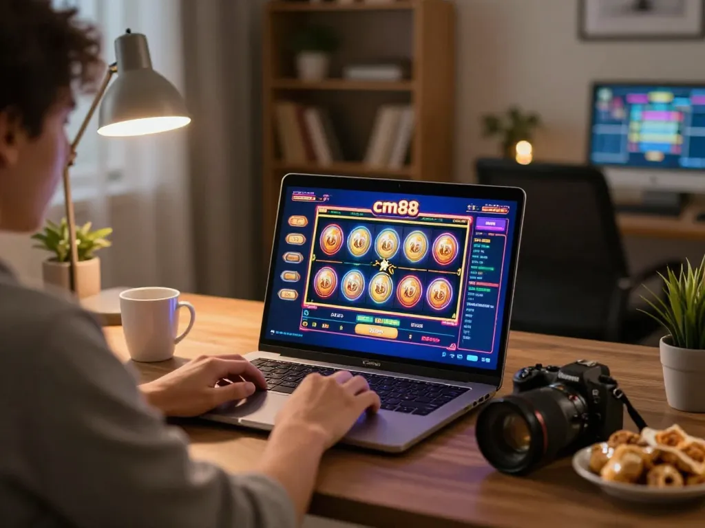 Engaging gameplay at cm88 online casino with vibrant slot machine interface displayed on laptop