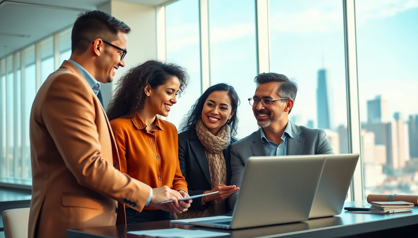 Engaging wealth management advisors assist clients in a modern office environment.