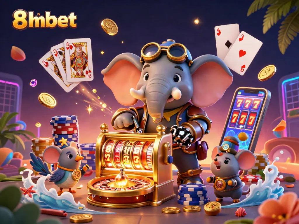 Engage in vibrant 8xbet gaming with cascading coins, roulette, and lively casino elements.