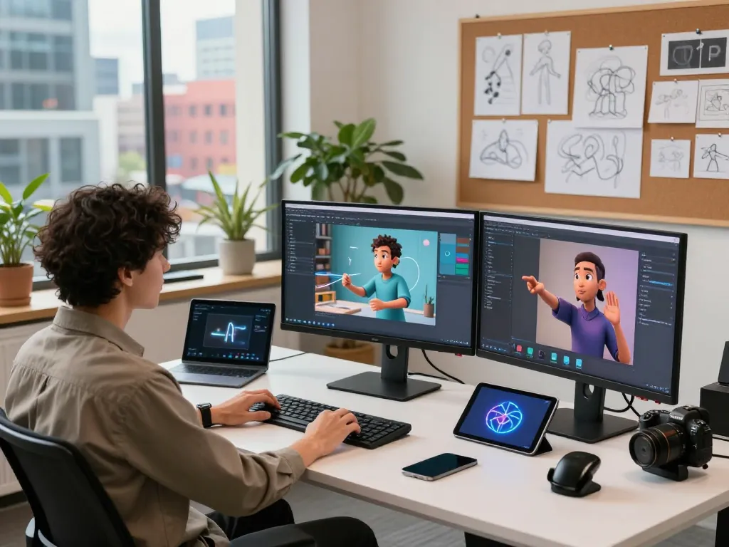 Artist controlling AI video content showcasing mind control in a sleek tech studio.