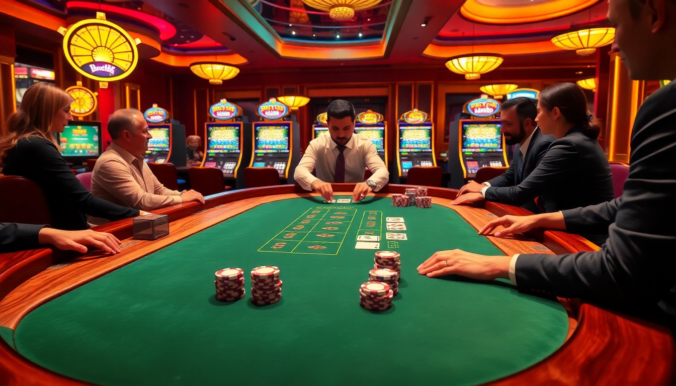 Players enjoying blackjack at a luxurious table in good88 casino ambiance.