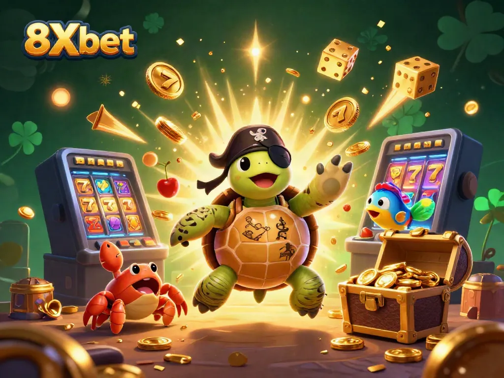 Win big with 8Xbet's vibrant 3D treasure-themed casino illustration showcasing exciting gameplay elements.