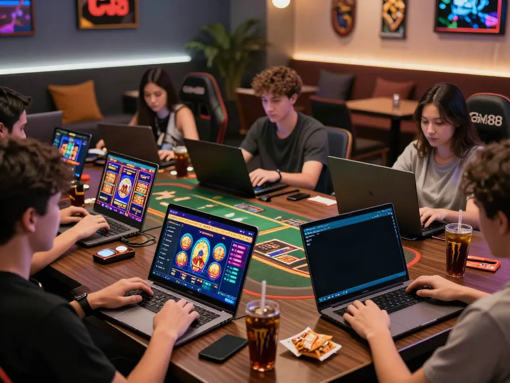 Dynamic gaming scene showcasing players enjoying diverse games at https://gem88.jpn.com/ in a vibrant lounge atmosphere.