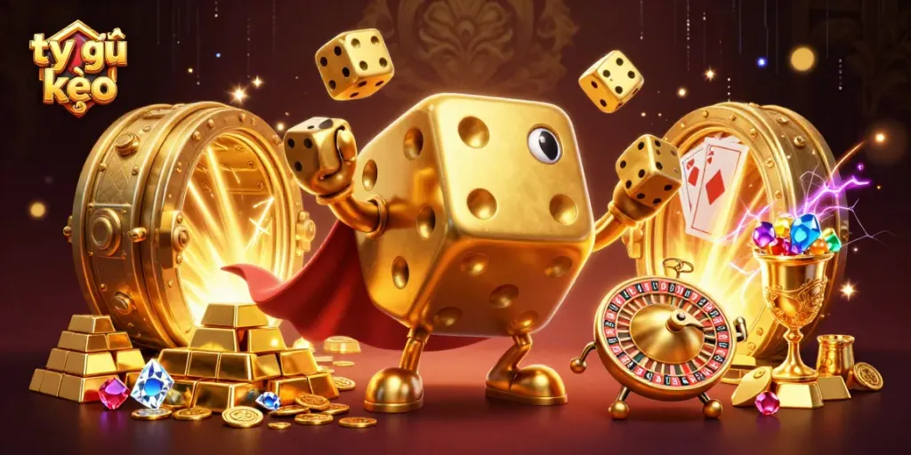 Experience dynamic gaming excitement with tỷ lệ kèo as golden dice and jewels burst across the scene.