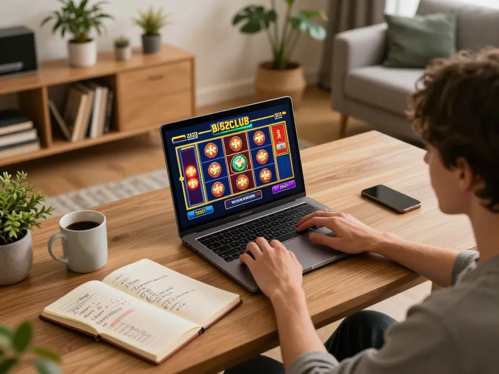 B52club player enjoying online slots in a cozy home setup with strategic notes.