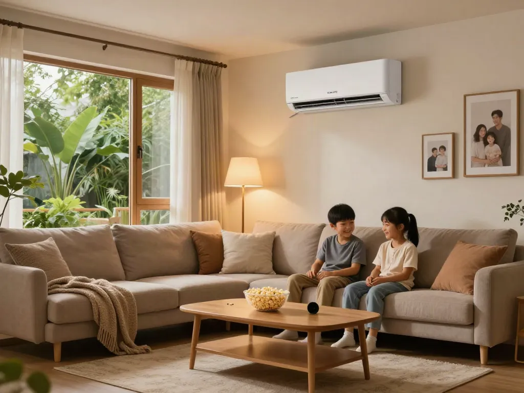 Cozy living room with family enjoying movie night under a stylish 18000 BTU mini split air conditioner.